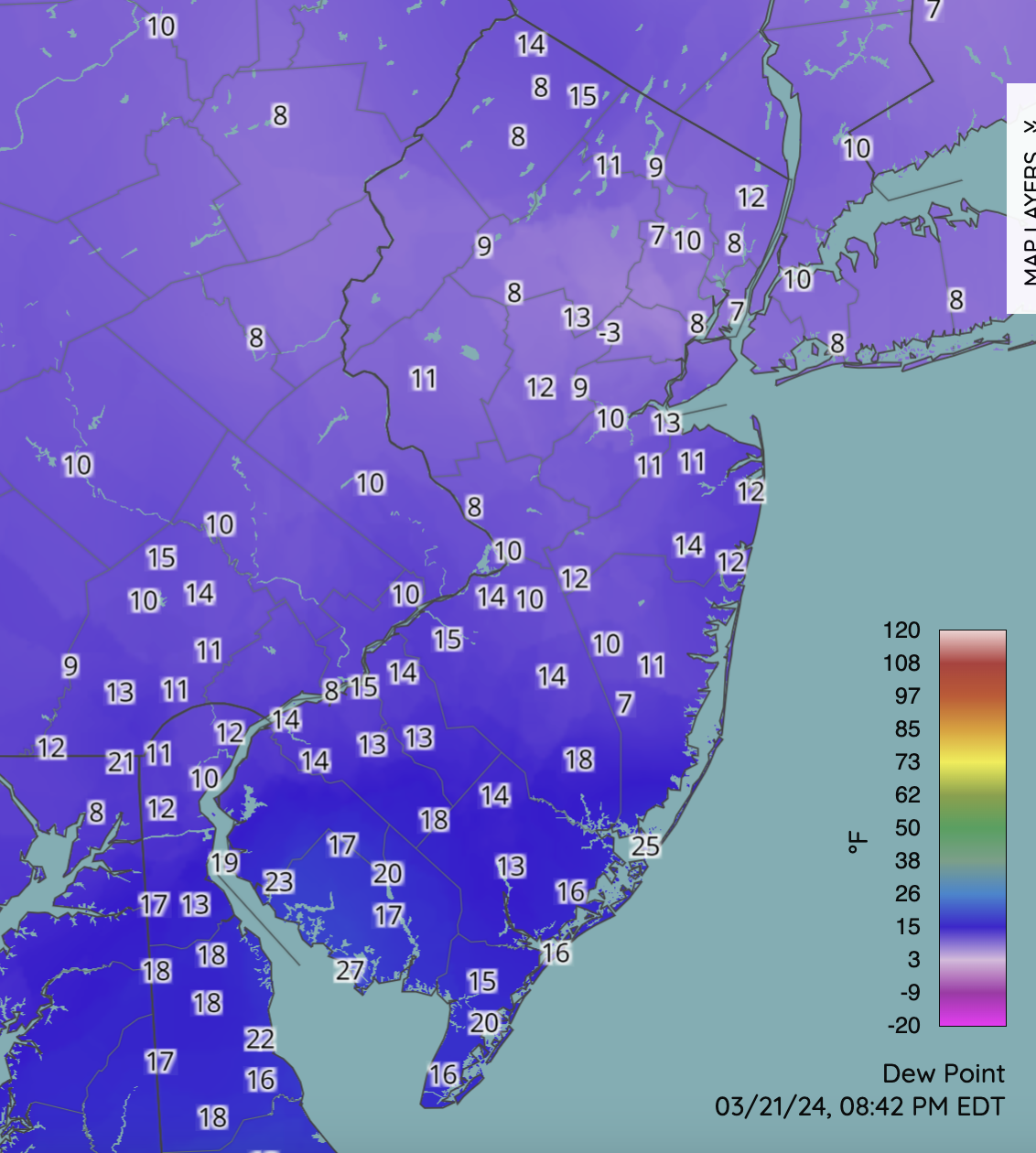 Figure 12. Dew point temperatures at 8:48 PM on March 21st at NJWxNet, NWS, and other professional weather stations. Dew point temperatures at 8:48 PM on March 21st at NJWxNet, NWS, and other professional weather stations.