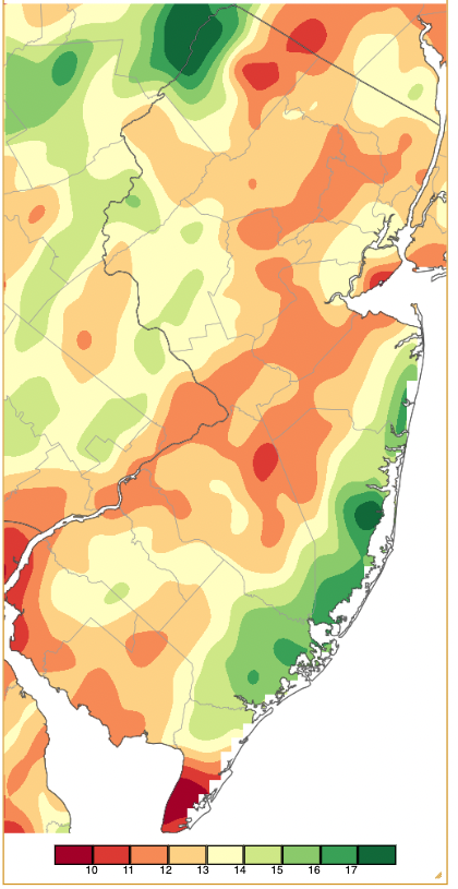 Figure 11. Precipitation across New Jersey from 8 AM on August 31st through 8 AM November 30th based on a PRISM (Oregon State University) analysis generated using NWS Cooperative and CoCoRaHS observations. Note the scale in inches beneath the map. Precipitation across New Jersey from 8 AM on August 31st through 8 AM November 30th based on a PRISM (Oregon State University) analysis generated using NWS Cooperative and CoCoRaHS observations.