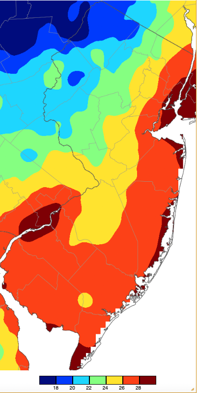 Figure 3. Minimum temperatures on January 16th based on a PRISM (Oregon State University) analysis generated using NWS, NJWxNet, and other professional weather stations. Note the 2-degree scale beneath the map. Minimum temperatures on January 16th based on a PRISM (Oregon State University) analysis generated using NWS, NJWxNet, and other professional weather stations.