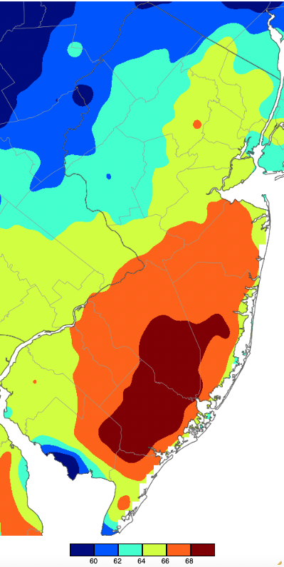 Figure 2. Maximum temperatures on January 4th based on a PRISM (Oregon State University) analysis generated using NWS, NJWxNet, and other professional weather stations. Note the 2-degree scale beneath the map. Maximum temperatures on January 4th based on a PRISM (Oregon State University) analysis generated using NWS, NJWxNet, and other professional weather stations.