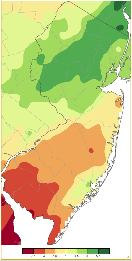 Figure 1. January 2023 precipitation across New Jersey based on a PRISM (Oregon State University) analysis generated using NWS Cooperative and CoCoRaHS observations from 7 AM on December 31st to 7 AM on January 31st. Note the scale in full inches at the bottom of the map. Totals range from 2.00”–2.49” (dark red) to 5.50”–5.99” (dark green). January 2023 precipitation across New Jersey based on a PRISM (Oregon State University) analysis generated using NWS Cooperative and CoCoRaHS observations from 7 AM on December 31st to 7 AM on January 31st.