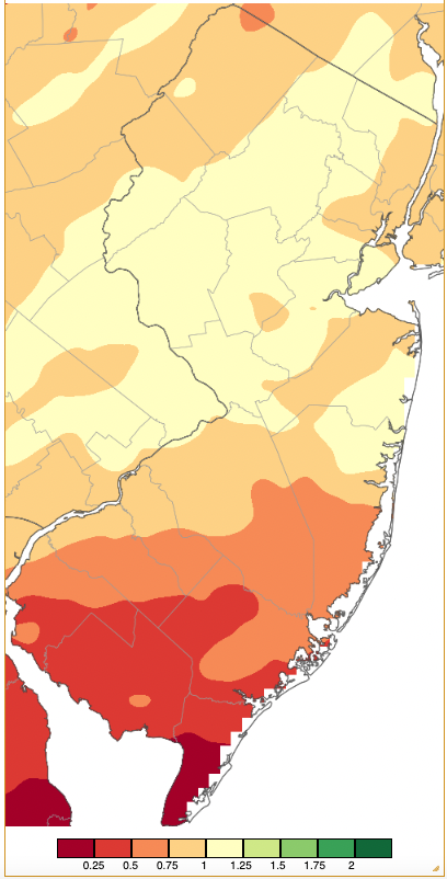 Figure 4. Precipitation across New Jersey from 7 AM on January 18th through 7 AM January 20th based on a PRISM (Oregon State University) analysis generated using NWS Cooperative and CoCoRaHS observations. Note the scale in inches beneath the map. Precipitation across New Jersey from 7 AM on January 18th through 7 AM January 20th based on a PRISM (Oregon State University) analysis generated using NWS Cooperative and CoCoRaHS observations.