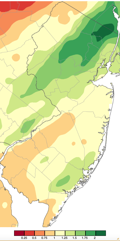 Figure 5. Precipitation across New Jersey from 7 AM on January 22nd through 7 AM January 24th based on a PRISM (Oregon State University) analysis generated using NWS Cooperative and CoCoRaHS observations. Note the scale in inches beneath the map. Precipitation across New Jersey from 7 AM on January 22nd through 7 AM January 24th based on a PRISM (Oregon State University) analysis generated using NWS Cooperative and CoCoRaHS observations.