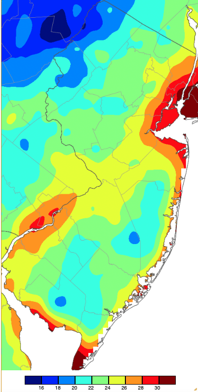 Figure 11. Minimum temperatures on March 20th based on a PRISM (Oregon State University) analysis generated using NWS, NJWxNet, and other professional weather stations. Note the 2-degree scale beneath the map. Minimum temperatures on March 20th based on a PRISM (Oregon State University) analysis generated using NWS, NJWxNet, and other professional weather stations.
