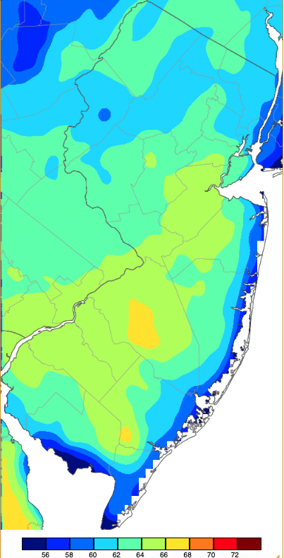 Figure 8. Maximum temperatures on March 22nd based on a PRISM (Oregon State University) analysis generated using NWS, NJWxNet, and other professional weather stations. Note the 2-degree scale beneath the map. Maximum temperatures on March 22nd based on a PRISM (Oregon State University) analysis generated using NWS, NJWxNet, and other professional weather stations.