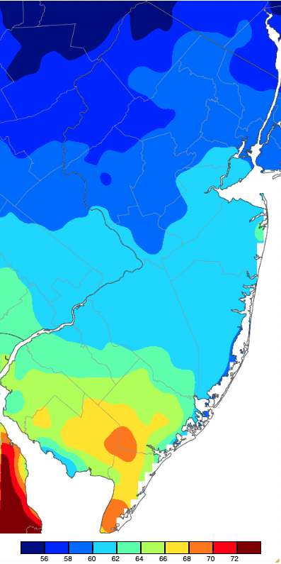 Figure 9. Maximum temperatures on March 23rd based on a PRISM (Oregon State University) analysis generated using NWS, NJWxNet, and other professional weather stations. Note the 2-degree scale beneath the map. Maximum temperatures on March 23rd based on a PRISM (Oregon State University) analysis generated using NWS, NJWxNet, and other professional weather stations.