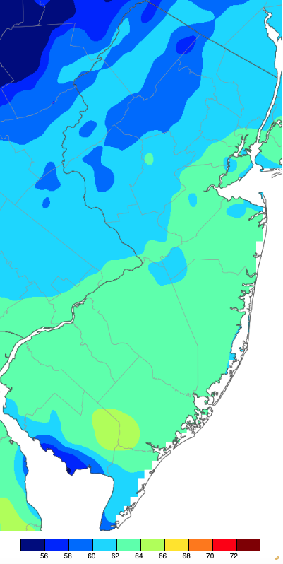 Figure 10. Maximum temperatures on March 26th based on a PRISM (Oregon State University) analysis generated using NWS, NJWxNet, and other professional weather stations. Note the 2-degree scale beneath the map. Maximum temperatures on March 26th based on a PRISM (Oregon State University) analysis generated using NWS, NJWxNet, and other professional weather stations.