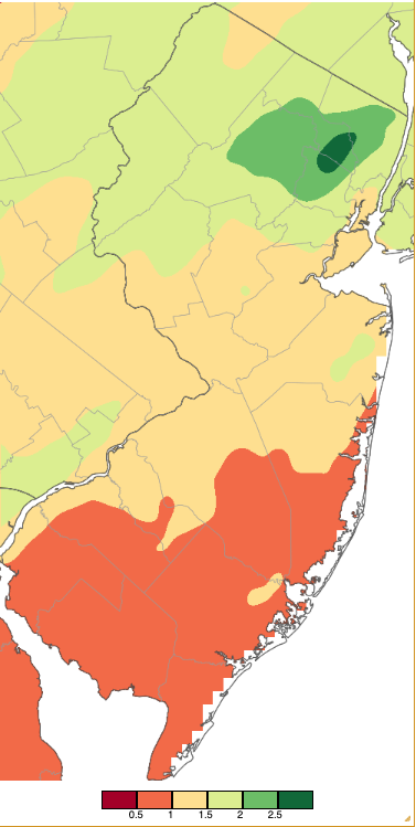Figure 4. Precipitation across New Jersey from 7 AM on March 9th through 8 AM March 10th based on a PRISM (Oregon State University) analysis generated using NWS Cooperative, CoCoRaHS, NJWxNet, and other professional weather station observations. Note the scale in inches beneath the map. Precipitation across New Jersey from 7 AM on March 9th through 8 AM March 10th based on a PRISM (Oregon State University) analysis generated using NWS Cooperative, CoCoRaHS, NJWxNet, and other professional weather station observations.