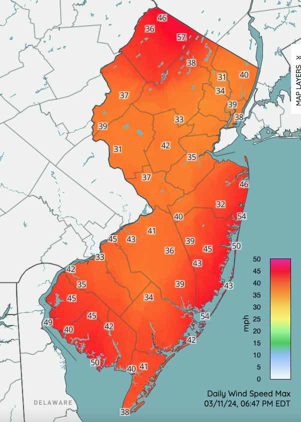 Figure 5. Peak wind gusts at selected NJWxNet stations on March 11th. All peak gusts had been reached by the map generation time of 6:47 PM. Peak wind gusts at selected NJWxNet stations on March 11th. All peak gusts had been reached by the map generation time of 6:47 PM.