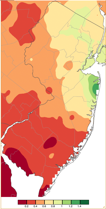 Figure 4. Precipitation across New Jersey from 7 AM on March 10th through 8 AM March 12th based on a PRISM (Oregon State University) analysis generated using NWS Cooperative, CoCoRaHS, NJWxNet, and other professional weather station observations. Note the scale in inches beneath the map. Precipitation across New Jersey from 7 AM on March 10th through 8 AM March 12th based on a PRISM (Oregon State University) analysis generated using NWS Cooperative, CoCoRaHS, NJWxNet, and other professional weather station observations.