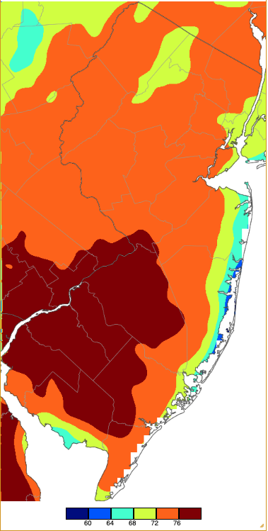 Figure 10. Maximum temperatures on March 14th based on a PRISM (Oregon State University) analysis generated using NWS, NJWxNet, and other professional weather stations. Note the 2° scale beneath the map. Maximum temperatures on March 14th based on a PRISM (Oregon State University) analysis generated using NWS, NJWxNet, and other professional weather stations.