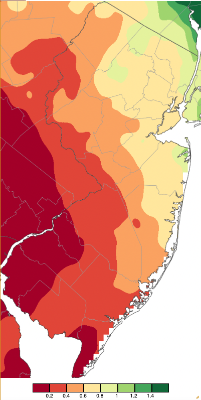 Figure 6. Precipitation across New Jersey from 8 AM on March 12th through 8 AM March 15th based on a PRISM (Oregon State University) analysis generated using NWS Cooperative, CoCoRaHS, NJWxNet, and other professional weather station observations. Note the scale in inches beneath the map. Precipitation across New Jersey from 8 AM on March 12th through 8 AM March 15th based on a PRISM (Oregon State University) analysis generated using NWS Cooperative, CoCoRaHS, NJWxNet, and other professional weather station observations.