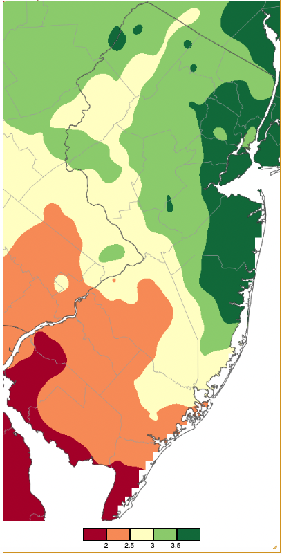 Figure 1. March 2023 precipitation across New Jersey based on a PRISM (Oregon State University) analysis generated using NWS Cooperative, CoCoRaHS, NJWxNet, and other professional weather station observations from 7 AM on February 28th to 8 AM on March 31st. Note the scale in inches at the bottom of the map. Totals range from 1.50”–2.00” (dark red) to 3.50”–3.99” (dark green). March 2023 precipitation across New Jersey based on a PRISM (Oregon State University) analysis generated using NWS Cooperative and CoCoRaHS observations from 7 AM on February 28th to 8 AM on March 31st.