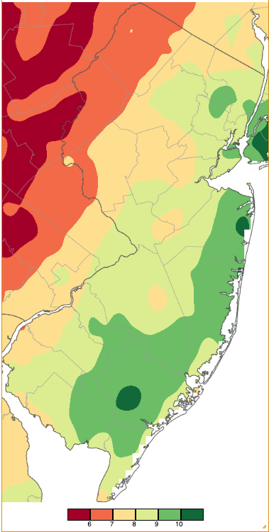 Figure 1. March 2024 precipitation across New Jersey based on a PRISM (Oregon State University) analysis generated using NWS Cooperative, CoCoRaHS, NJWxNet, and other professional weather station observations from 7 AM on February 28th to 8 AM on March 31st. Note the scale in inches at the bottom of the map. Totals range from 5.00”–5.99” (dark red) to 10.00”–10.99” (dark green). March 2024 precipitation across New Jersey based on a PRISM (Oregon State University) analysis generated using NWS Cooperative, CoCoRaHS, NJWxNet, and other professional weather station observations from 7 AM on February 28th to 8 AM on March 31st.