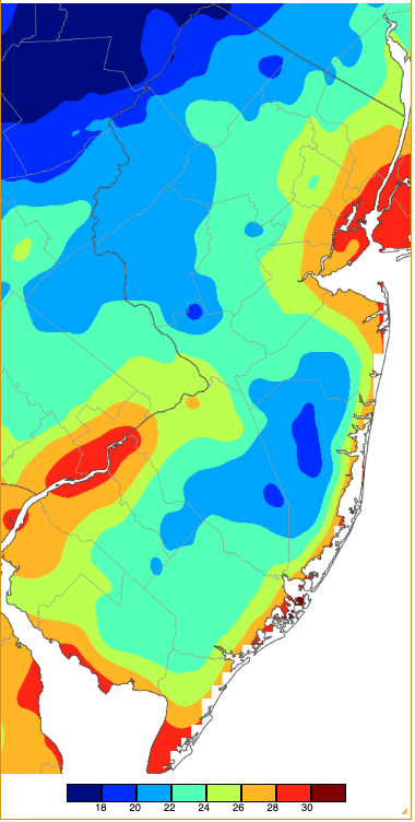 Figure 13. Minimum temperatures on March 22nd based on a PRISM (Oregon State University) analysis generated using NWS, NJWxNet, and other professional weather stations. Note the 2° scale beneath the map. Minimum temperatures on March 22nd based on a PRISM (Oregon State University) analysis generated using NWS, NJWxNet, and other professional weather stations.