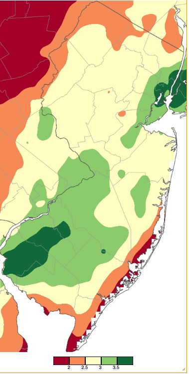 Figure 6. Precipitation across New Jersey from 8 AM on March 22nd through 8 AM March 24th based on a PRISM (Oregon State University) analysis generated using NWS Cooperative, CoCoRaHS, NJWxNet, and other professional weather station observations. Note the scale in inches beneath the map differs from the other event maps in this section of the report. Precipitation across New Jersey from 8 AM on March 22nd through 8 AM March 24th based on a PRISM (Oregon State University) analysis generated using NWS Cooperative, CoCoRaHS, NJWxNet, and other professional weather station observations.