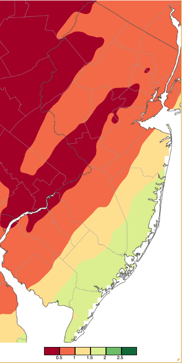 Figure 8. Precipitation across New Jersey from 8 AM on March 27th through 8 AM March 29th based on a PRISM (Oregon State University) analysis generated using NWS Cooperative, CoCoRaHS, NJWxNet, and other professional weather station observations. Note the scale in inches beneath the map. Precipitation across New Jersey from 8 AM on March 27th through 8 AM March 29th based on a PRISM (Oregon State University) analysis generated using NWS Cooperative, CoCoRaHS, NJWxNet, and other professional weather station observations.