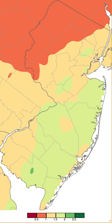 Figure 2. Precipitation across New Jersey from 7 AM on March 1st through 7 AM March 3rd based on a PRISM (Oregon State University) analysis generated using NWS Cooperative, CoCoRaHS, NJWxNet, and other professional weather station observations. Note the scale in inches beneath the map. Precipitation across New Jersey from 7 AM on March 1st through 7 AM March 3rd based on a PRISM (Oregon State University) analysis generated using NWS Cooperative, CoCoRaHS, NJWxNet, and other professional weather station observations.