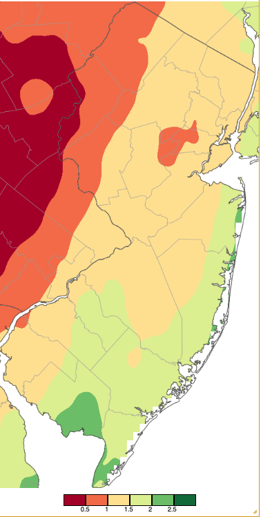 Figure 3. Precipitation across New Jersey from 7 AM on March 6th through 7 AM March 7th based on a PRISM (Oregon State University) analysis generated using NWS Cooperative, CoCoRaHS, NJWxNet, and other professional weather station observations. Note the scale in inches beneath the map. Precipitation across New Jersey from 7 AM on March 6th through 7 AM March 7th based on a PRISM (Oregon State University) analysis generated using NWS Cooperative, CoCoRaHS, NJWxNet, and other professional weather station observations.