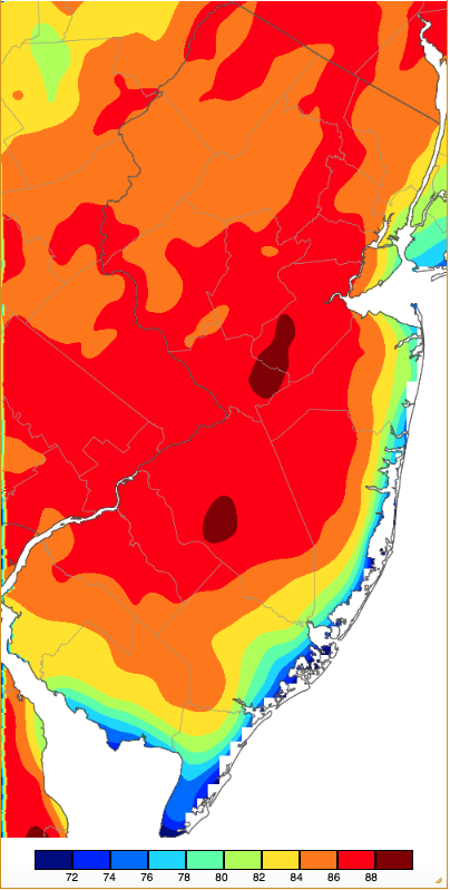 Maximum temperatures on May 22nd based on a PRISM (Oregon State University) analysis generated using NWS, NJWxNet, and other professional weather stations.