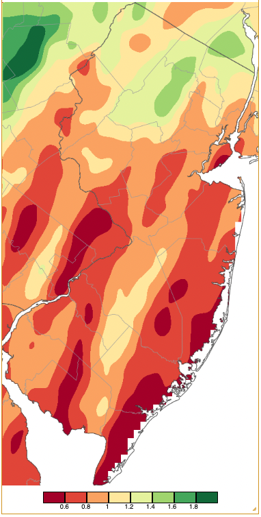Figure 8. Precipitation across New Jersey from 8 AM on November 11th through 8 AM November 12th based on a PRISM (Oregon State University) analysis generated using NWS Cooperative and CoCoRaHS observations. Note the scale in inches beneath the map. Precipitation across New Jersey from 8 AM on November 11th through 8 AM November 12th based on a PRISM (Oregon State University) analysis generated using NWS Cooperative and CoCoRaHS observations.