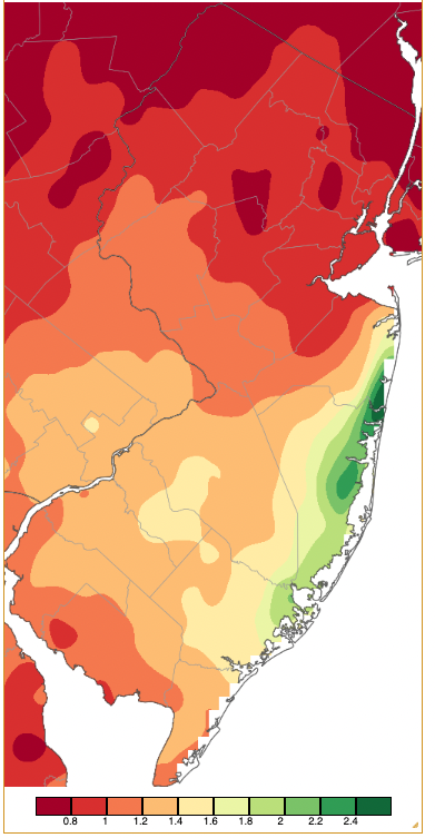 Figure 8. Precipitation across New Jersey from 8 AM on November 15th through 8 AM November 16th based on a PRISM (Oregon State University) analysis generated using NWS Cooperative and CoCoRaHS observations. Note the scale in inches beneath the map. Precipitation across New Jersey from 8 AM on November 15th through 8 AM November 16th based on a PRISM (Oregon State University) analysis generated using NWS Cooperative and CoCoRaHS observations.