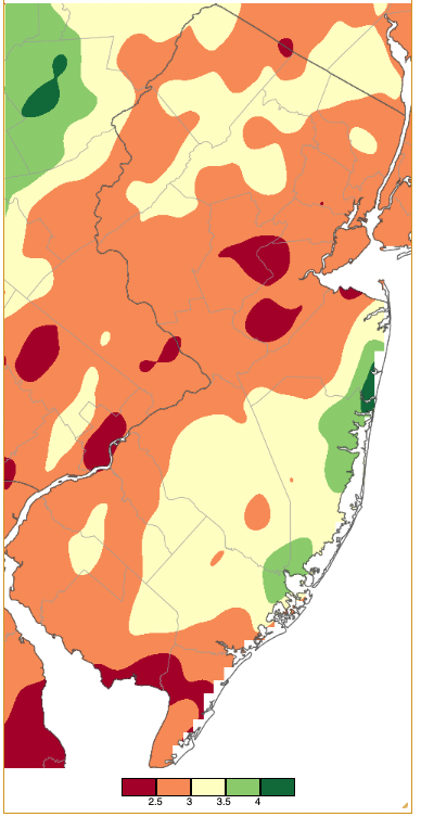 Figure 1. November 2022 precipitation across New Jersey based on a PRISM (Oregon State University) analysis generated using NWS Cooperative and CoCoRaHS observations from 8 AM on October 31st to 8 AM on November 30th. Note the scale in full inches at the bottom of the map. Totals range from 2.00–2.50” (dark red) to 4.00”-4.50” (dark green). November 2022 precipitation across New Jersey based on a PRISM (Oregon State University) analysis generated using NWS Cooperative and CoCoRaHS observations from 8 AM on October 31st to 8 AM on November 30th.