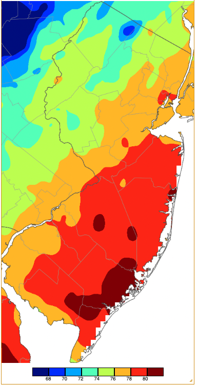 Figure 2. Maximum temperatures on November 7th based on a PRISM (Oregon State University) analysis generated using NWS, NJWxNet, and other professional weather stations. Note the 2-degree increment scale beneath the map. Maximum temperatures on November 7th based on a PRISM (Oregon State University) analysis generated using NWS, NJWxNet, and other professional weather stations.