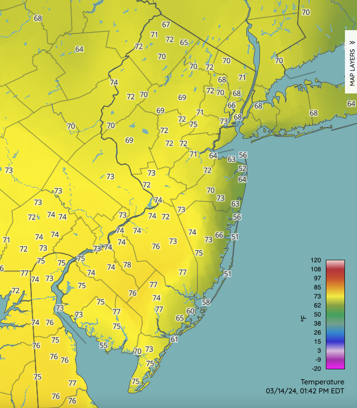 Figure 11. Temperatures at around 1:40 PM on March 14th at NJWxNet, NWS, and other professional weather stations. Temperatures at around 1:40 PM on March 14th at NJWxNet, NWS, and other professional weather stations.
