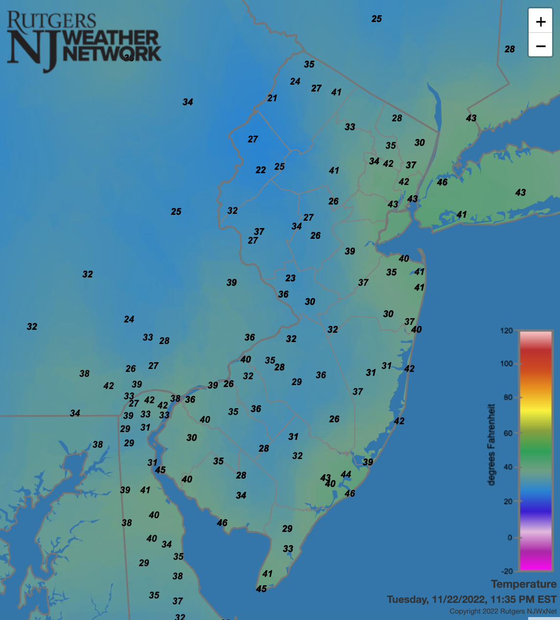 Figure 7. Surface air temperatures across NJ and nearby states at 11:35 PM on November 22nd. Observations are from automated Rutgers NJ Weather Network, National Weather Service airport stations, Shrewsbury Weather Network, and Delaware Environmental Observing System Network weather stations. Surface air temperatures across NJ and nearby states at 11:35 PM on November 22nd.