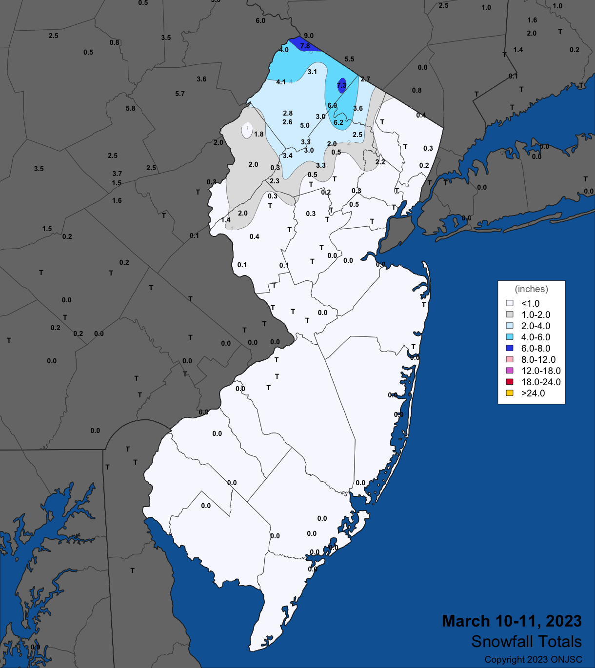 Figure 5. Snowfall on March 10th–11th. Observations are from CoCoRaHS, NWS Cooperative Observer, NWS Trained Spotter, and North Jersey Weather Observers contributors. Snowfall on March 10th–11th.