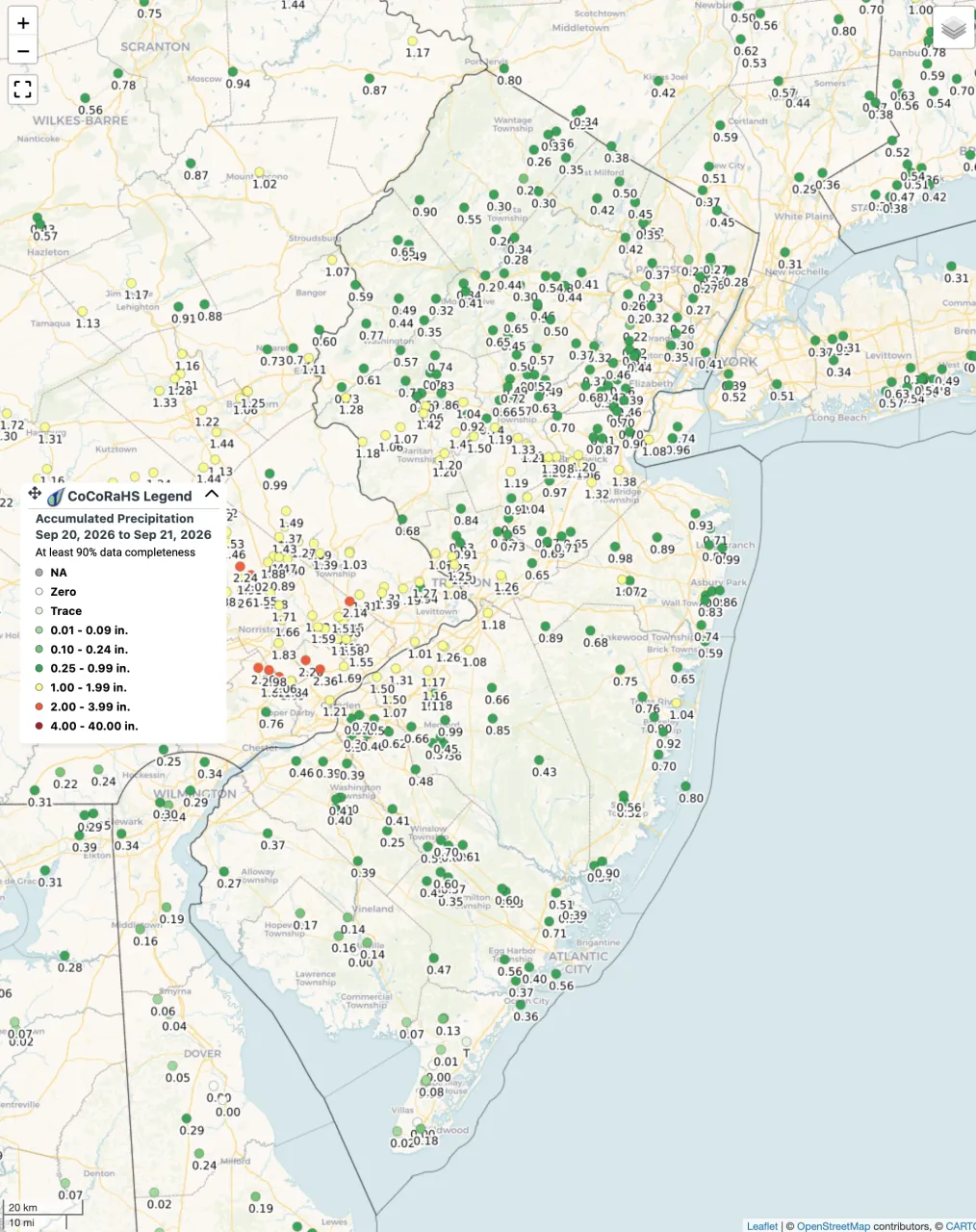 Map of two-day rainfall totals from CoCoRaHS stations (reported on the mornings of September 20 and 21). 